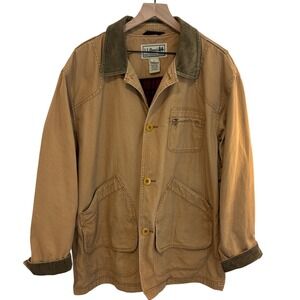 L.L. Bean Field Barn Coat Jacket Mens Large Tan Cotton Canvas Red Plaid Flannel